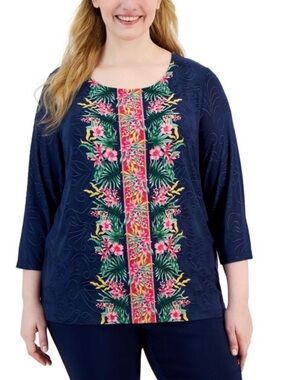 JM Collection Plus Size Tropical Runway Jacquard Tunic Top Navy/Fuschia Size 2X